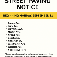 Street Paving Notice  Beginning Monday, September 22  The following streets are scheduled for paving:  