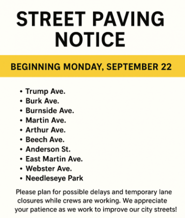 Street Paving Notice  Beginning Monday, September 22  The following streets are scheduled for paving:  