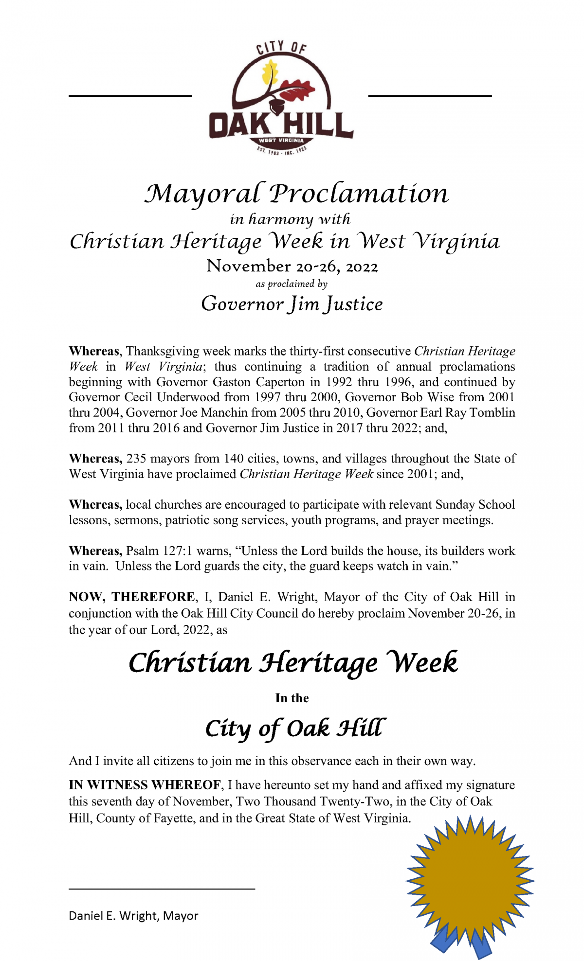 City of Oak Hill Celebrates Christian Heritage Week