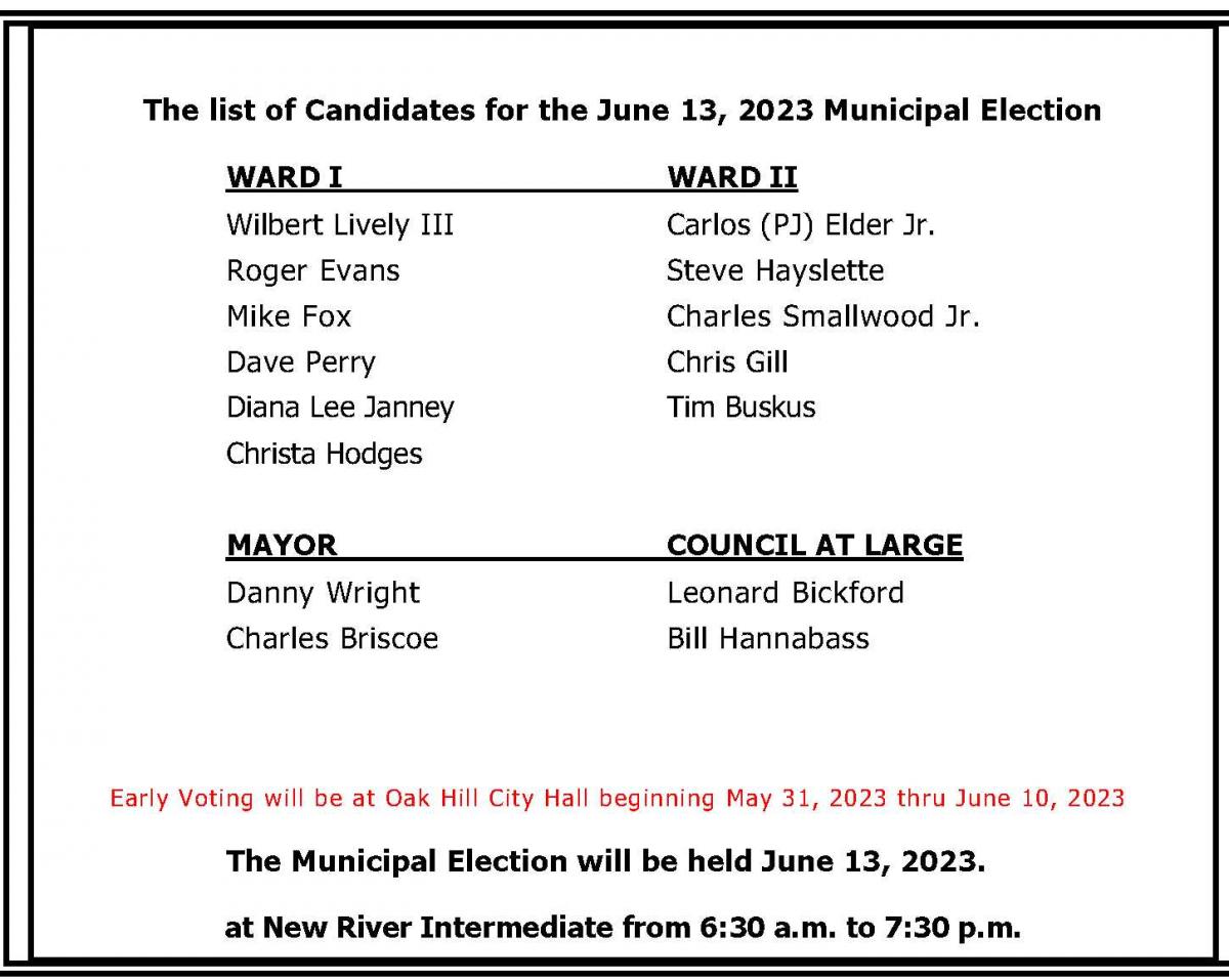 Your candidates for City of Oak Hill Election on June 13, 2023
